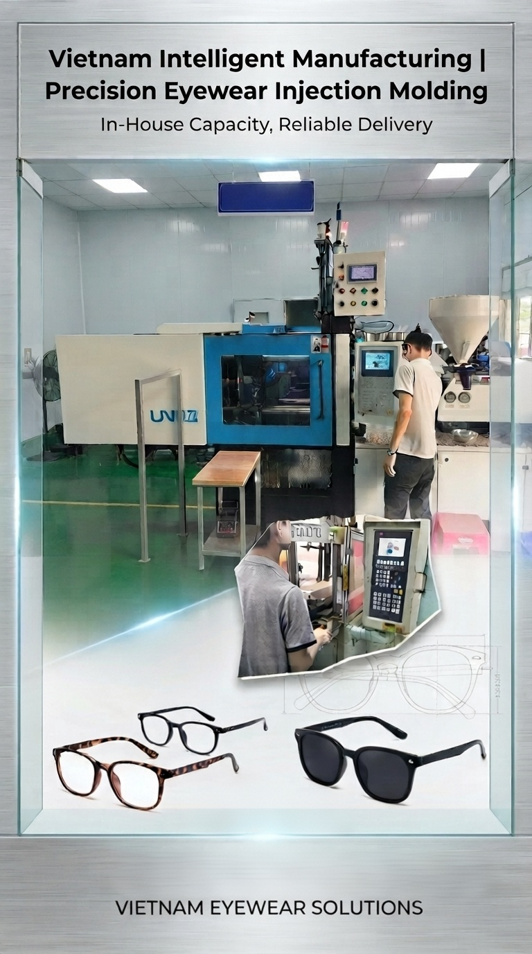 Presentatie van onze eigen intelligente precisie-spuitgietwerkplaats in onze brillenproductiehub in Vietnam.
